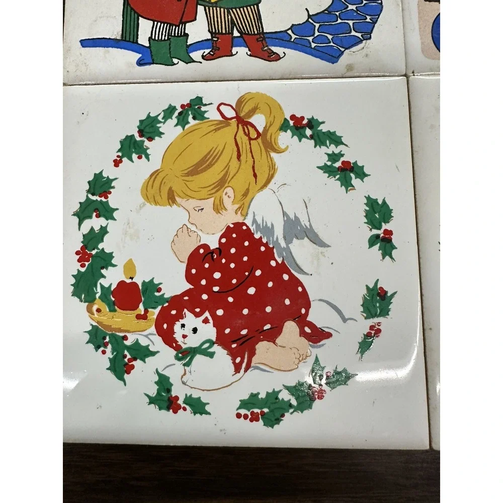 Jasco Christmas Holiday Ceramic Tile‎ Trivet-Set of 4w/Rubber Feet Vintage 1981